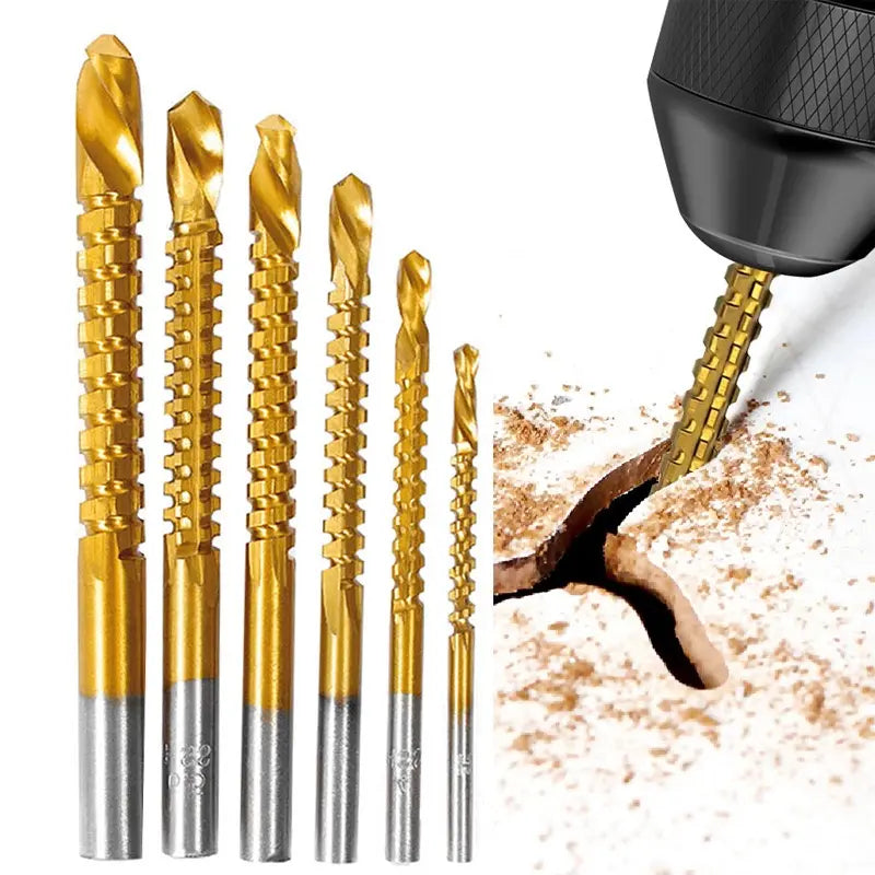 6-piece titanium HSS drill bit set in use drilling through wood with sawdust