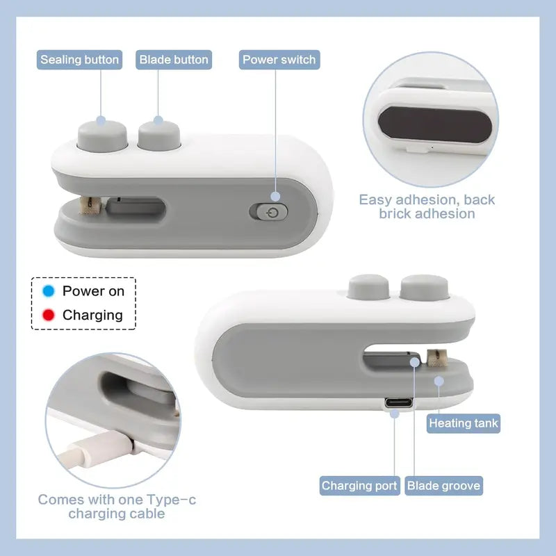 2-in-1 Rechargeable Mini Bag Sealer with Cutter – USB-C, Heat Seal + Blade, Keeps Food Fresh | Portable Snack Bag Sealer