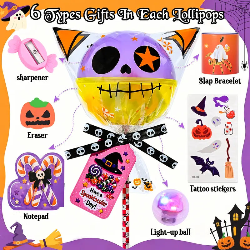 Unisex 24-Pack 2026 Upgraded Light-Up Giant Halloween Lollipop Stationery Kit with Cards, Halloween Party Favors for Kids, Classroom Exchange Gifts