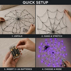 Spooky Purple LED Spider Web Lights Set, 1.2M 70 LED with 30CM Plush Spider & Remote Control