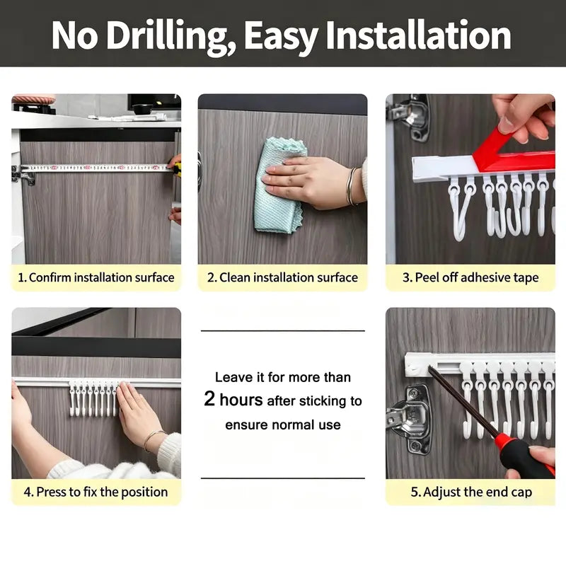 Multifunctional Slide Rail Hook Rack – No-Drill Adhesive Wall Organizer with 10 Adjustable Hooks for Kitchen, Bathroom & Bedroom