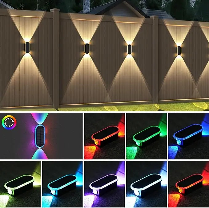 RGB solar fence lights illuminating white fence with 7 vibrant colors — solar powered, IP65, long lasting battery, easy installation