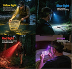 Five-color headlamp,1000m throw,5 nights in 1 charge. Red, white, yellow, blue, purple. Repels bugs, lights floats,Counterfeit detection. Twist to zoom, motion sensor, stepless dimming,120° tilt.Strobe mode. Night fishing, repairs,hiking, camping,mining