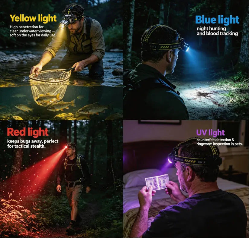Five-color headlamp,1000m throw,5 nights in 1 charge. Red, white, yellow, blue, purple. Repels bugs, lights floats,Counterfeit detection. Twist to zoom, motion sensor, stepless dimming,120° tilt.Strobe mode. Night fishing, repairs,hiking, camping,mining