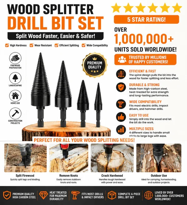 Firewood Splitter Drill Bit Set – Heavy-Duty High Carbon Steel Wood Splitting Cone, 4-Piece Set | Round + Square + Hex Shank | Fits Impact Drill, Electric Hammer & Hand Drill