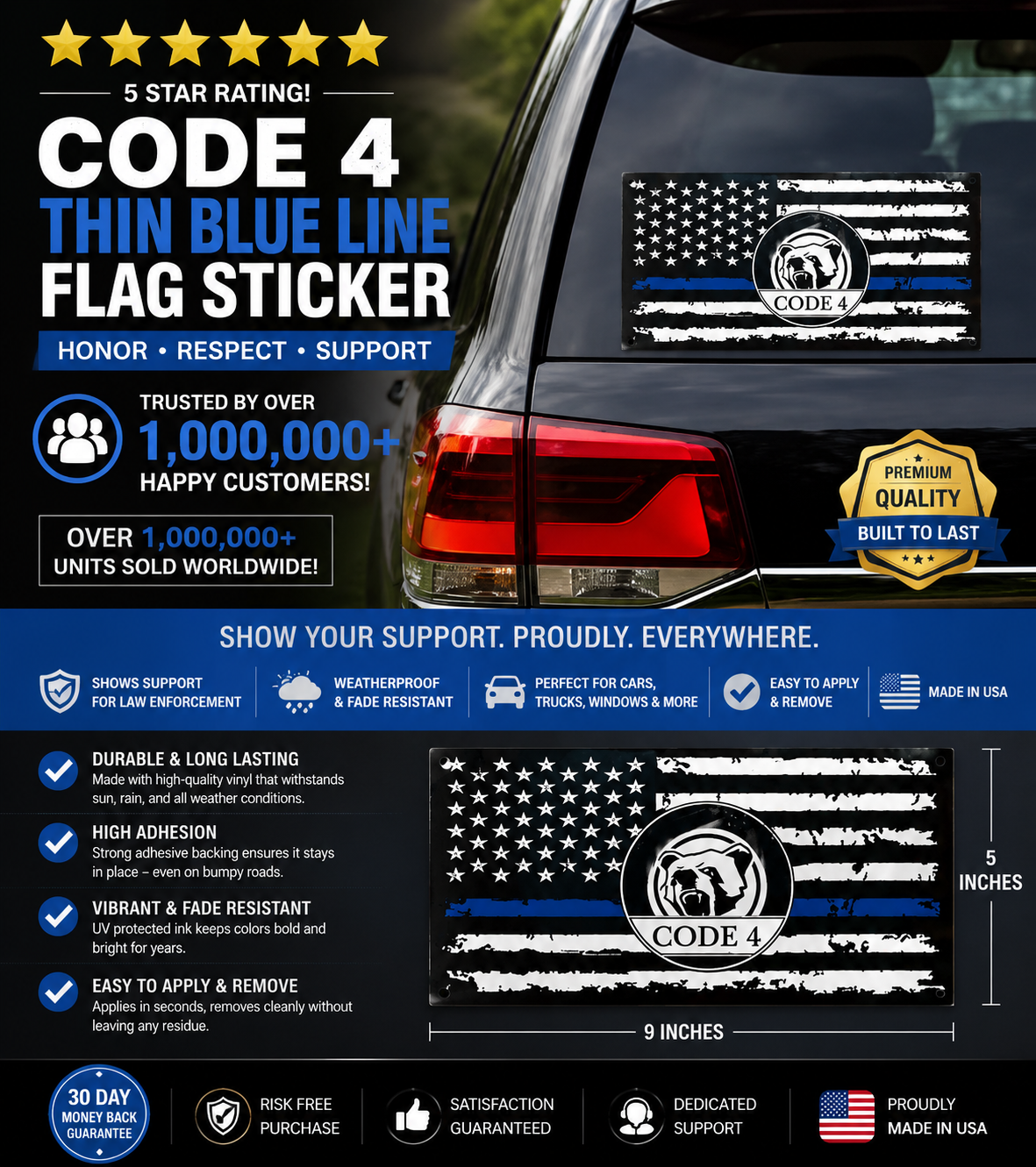 Code 4 Thin Blue Line Flag Sticker – Honor Respect Support, Weatherproof UV Fade-Resistant Vinyl| Car Truck Laptop Helmet | Back the Blue Cop Gift