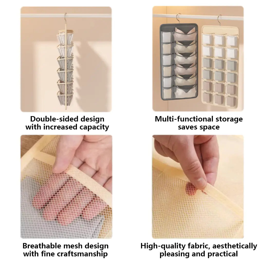 Bra and Underwear Closet Hanging Organizer with 12+18 Pockets Beige Dual Sided Wall Shelf Wardrobe Storage Bags for Bra Socks Underwear Underpants Lightweight & Durable Mesh Pockets
