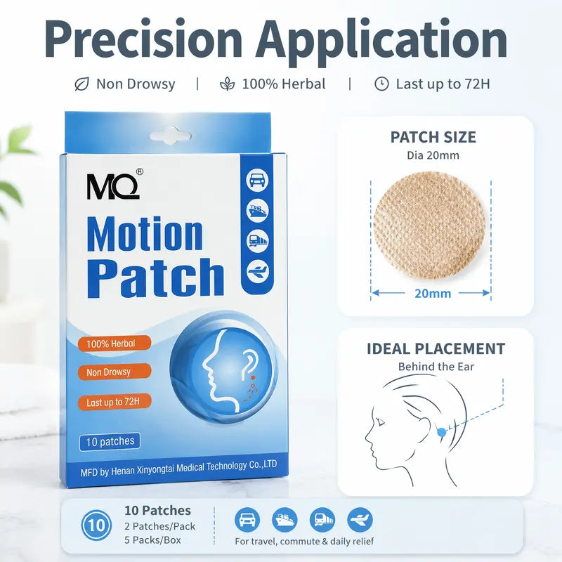 MQ Non-Drowsy Herbal Motion Sickness Relief Patches, 10 Pieces Behind-Ears Self-Adhesive Plasters, 72H Long-Lasting Soothing Heat Packs, Car & Travel Relief Essentials for Alternative Herbal Medication