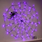 Spooky Purple LED Spider Web Lights Set, 1.2M 70 LED with 30CM Plush Spider & Remote Control