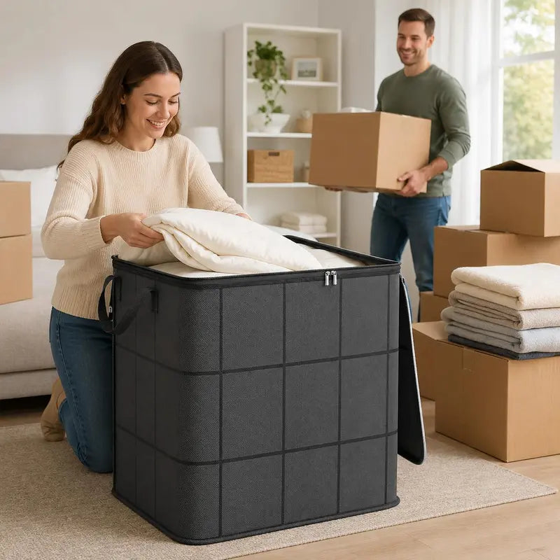 Woman packing blankets into large black zippered storage bin during home move — man carrying box in background