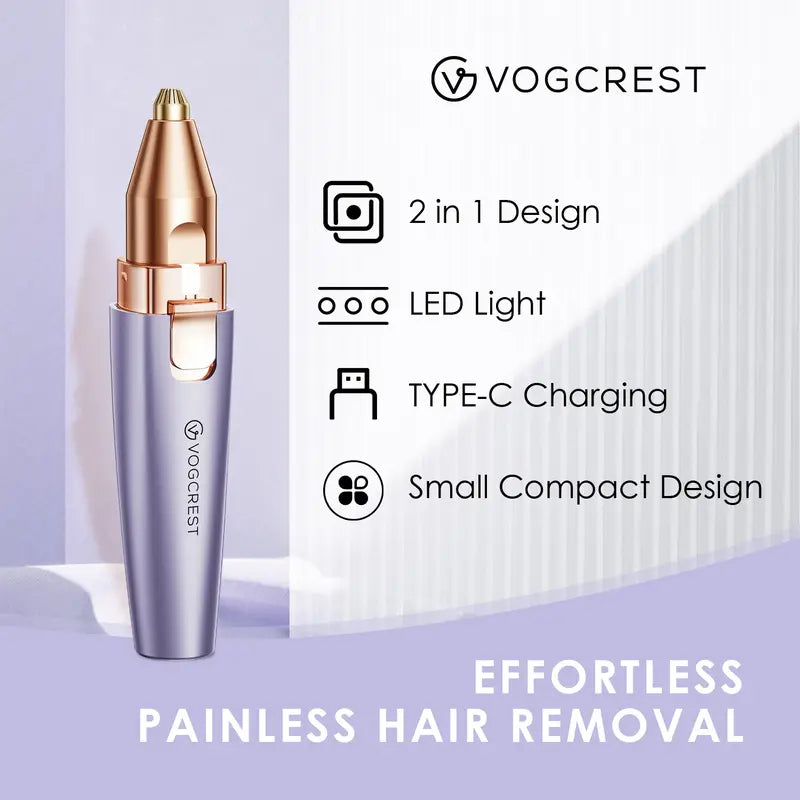 VG VOGCREST 2-in-1 Eyebrow Shaper & Facial Hair Remover with LED Light, Rechargeable Painless Precision Trimmer for Face & Lips