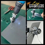 Safe and Durable — drill nibbler cutting metal with sparks, comparison showing dangerous tin snips (X) vs safe drill nibbler (checkmark)