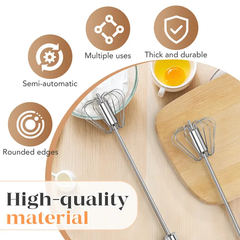 Semi-Automatic Stainless Steel Hand-Push Rotary Whisk – Food-Grade Rust-Resistant, Sturdy Riveted Construction | Eggs, Coffee, Cream & Batter | Easy to Clean | 1pc / 2pcs / 4pcs