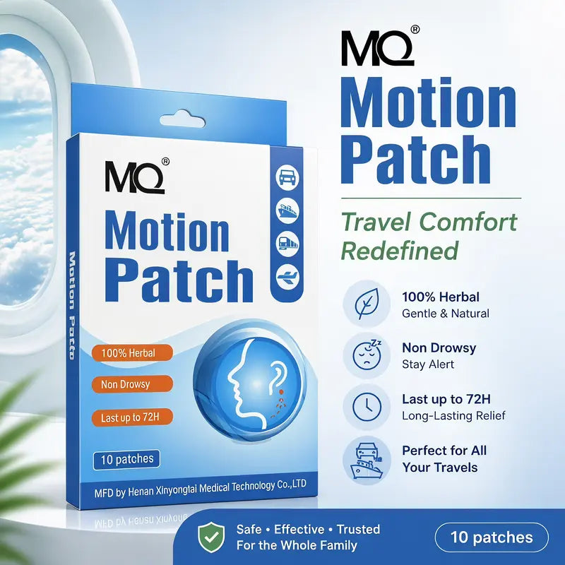 MQ Non-Drowsy Herbal Motion Sickness Relief Patches, 10 Pieces Behind-Ears Self-Adhesive Plasters, 72H Long-Lasting Soothing Heat Packs, Car & Travel Relief Essentials for Alternative Herbal Medication