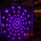 Spooky Purple LED Spider Web Lights Set, 1.2M 70 LED with 30CM Plush Spider & Remote Control