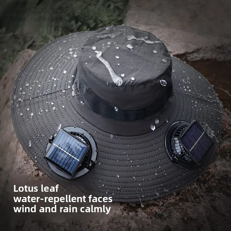Solar Fan Hat — Wide Brim Fishing & Hiking Sun Hat with Dual Fans, USB Charging & Water-Repellent Fabric
