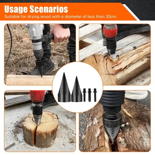 Firewood Splitter Drill Bit Set – Heavy-Duty High Carbon Steel Wood Splitting Cone, 4-Piece Set | Round + Square + Hex Shank | Fits Impact Drill, Electric Hammer & Hand Drill