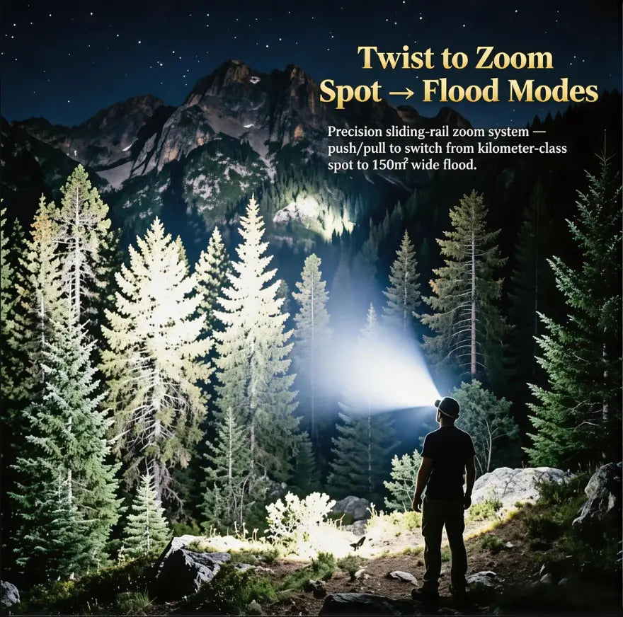 Five-color headlamp,1000m throw,5 nights in 1 charge. Red, white, yellow, blue, purple. Repels bugs, lights floats,Counterfeit detection. Twist to zoom, motion sensor, stepless dimming,120° tilt.Strobe mode. Night fishing, repairs,hiking, camping,mining