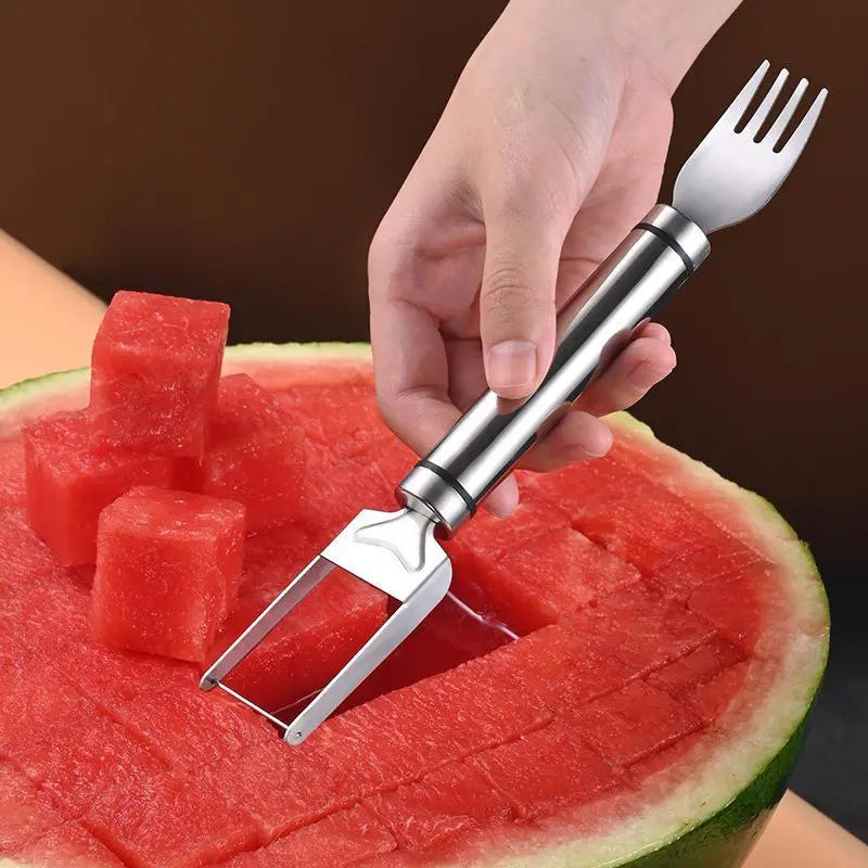 2-in-1 Stainless Steel Watermelon Fork Slicer Cutter – Cut, Cube & Eat in One Tool | 2pcs Set | Portable for Camping, Picnics & Home Use
