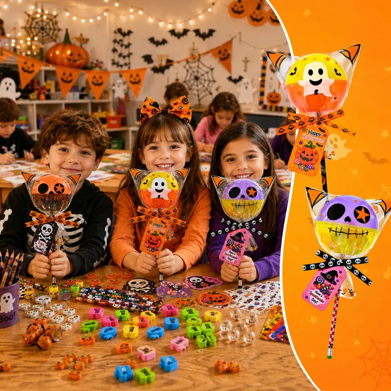 Unisex 2026 Upgraded Light-Up Giant Halloween Lollipop Stationery Kit with Cards, Halloween Party Favors for Kids, Classroom Exchange Gifts
