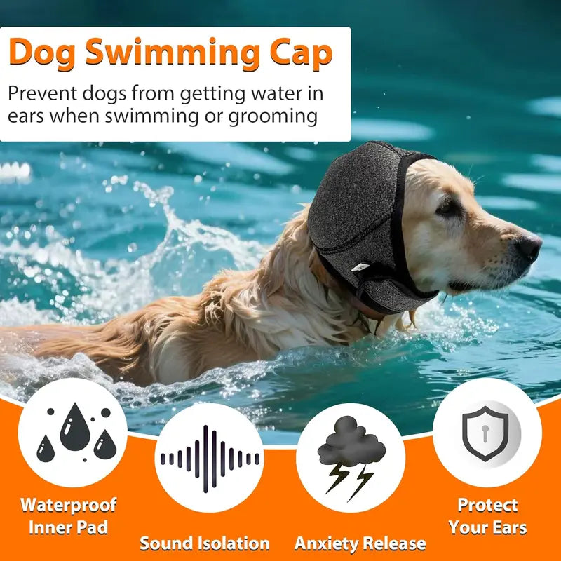 Dog Calming Hoodie Ear Wraps — Waterproof Swim Cap & Noise Cancelling Ear Muffs (Grey)