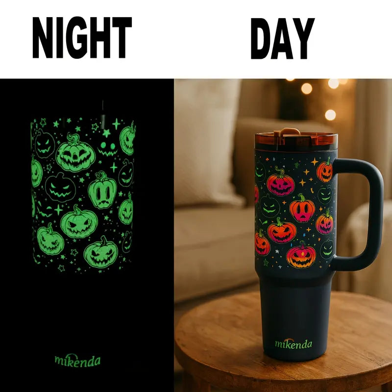 Halloween Glow in the Dark Tumbler with Handle & Straw – Pumpkin Pattern Insulated Travel Mug for Coffee, Water & Cold Drinks
