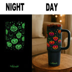 Halloween Glow in the Dark Tumbler with Handle & Straw – Pumpkin Pattern Insulated Travel Mug for Coffee, Water & Cold Drinks