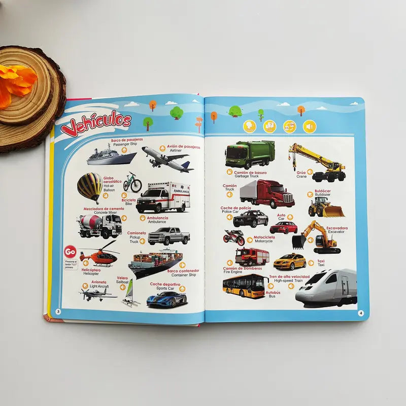 Vehicles theme page showing Spanish and English vocabulary with colorful illustrations
