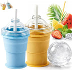 Foldable silicone ice ball cup in blue and yellow with straw and ice ball