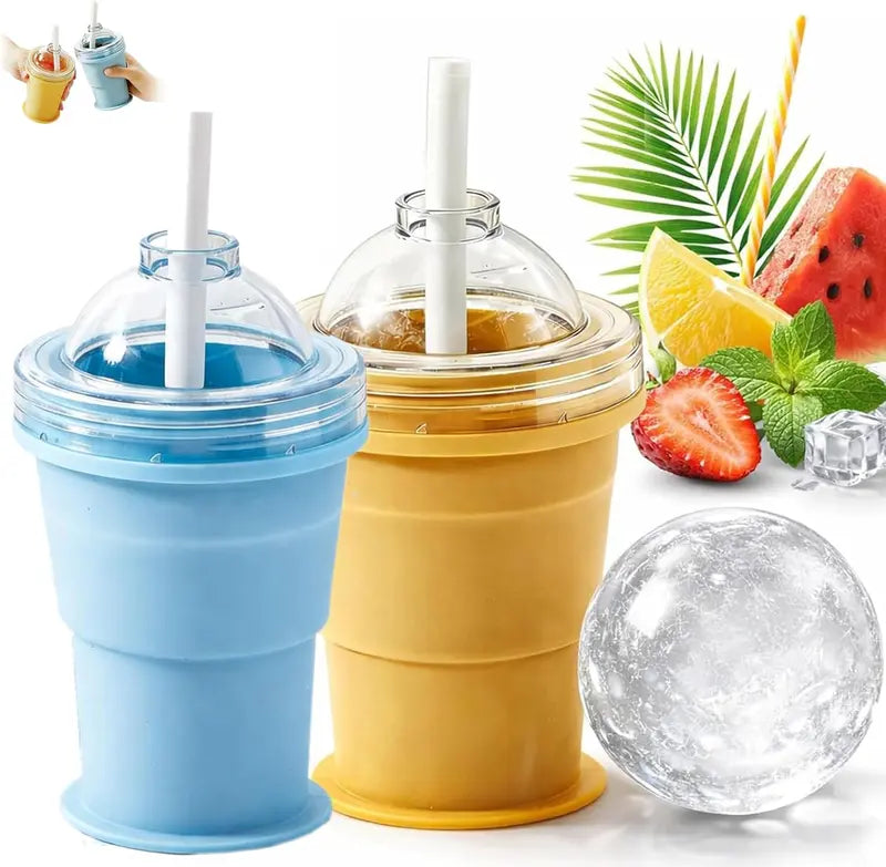 Foldable silicone ice ball cup in blue and yellow with straw and ice ball