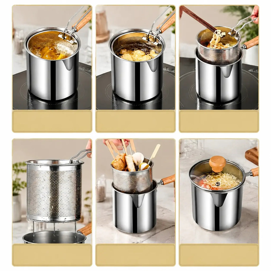 3Pcs Stainless Steel Deep Fryer Set  1-Person Mini Pot with Fry Pot, Filter Basket & Food Clip, Rust-Resistant Portable Cookware for Home Kitchen Chips, Chicken Wings