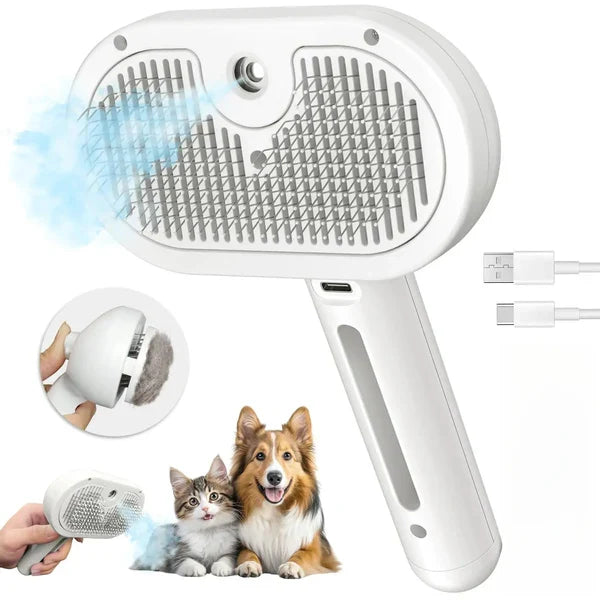 3-in-1 Steam Pet Grooming Brush – Self-Cleaning, Anti-Static Mist, Bionic Anti-Scratch Pins | Dogs & Cats (White)