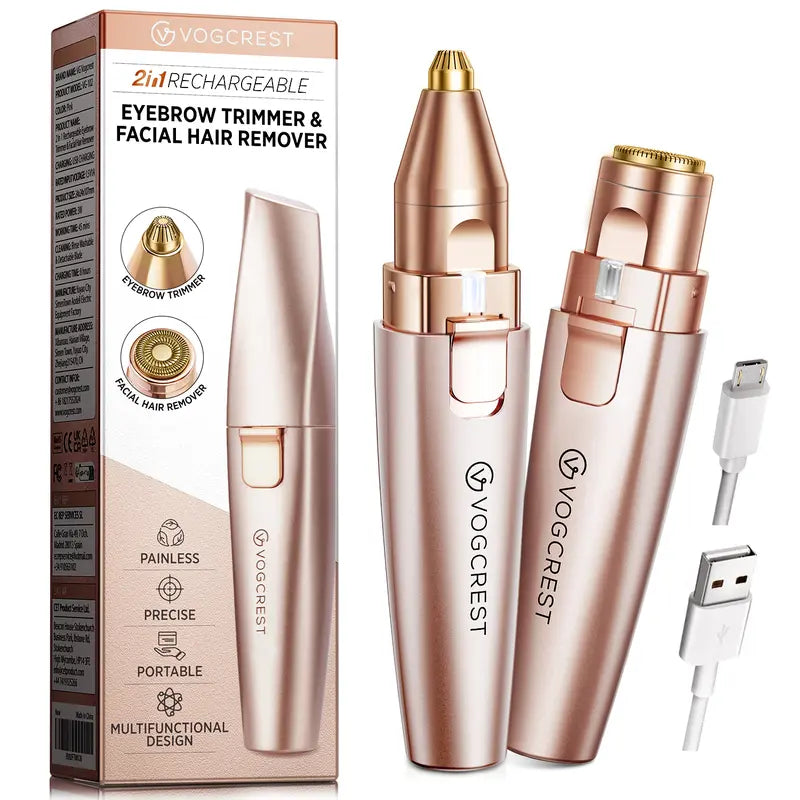 VG VOGCREST 2-in-1 Eyebrow Shaper & Facial Hair Remover with LED Light, Rechargeable Painless Precision Trimmer for Face & Lips