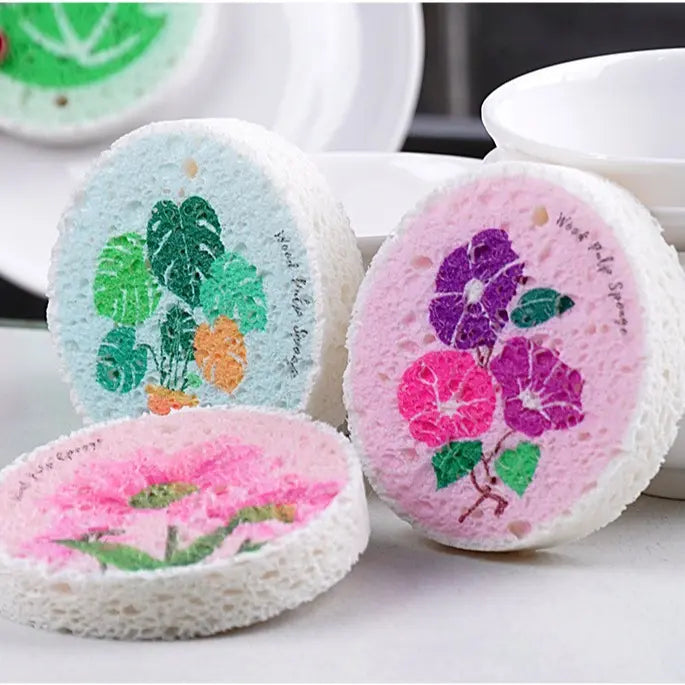 Floral Cellulose Scrubber Pads — Eco-Friendly Wood Pulp Sponge, Scratch-Free, High-Absorbency for Kitchen & Bathroom