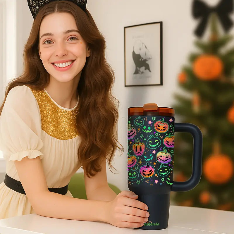 Halloween Glow in the Dark Tumbler with Handle & Straw – Pumpkin Pattern Insulated Travel Mug for Coffee, Water & Cold Drinks