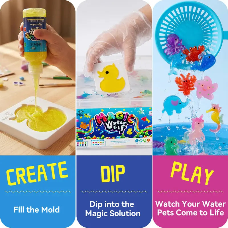 Kiditos Magic Water Elf Toy Kit – 20 Magic Gels & 10 Molds, DIY Squishy Maker Aqua Fairy Water Pets, Sensory STEM Craft, Party Favors & Birthday Gifts for Kids Ages 3+