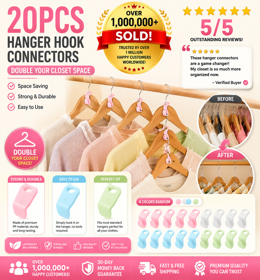 Hanger Hook Connectors 20PCS – Space-Saving, High Load-Bearing, Dual Hanging Options | Double Your Closet Space, Random Colors