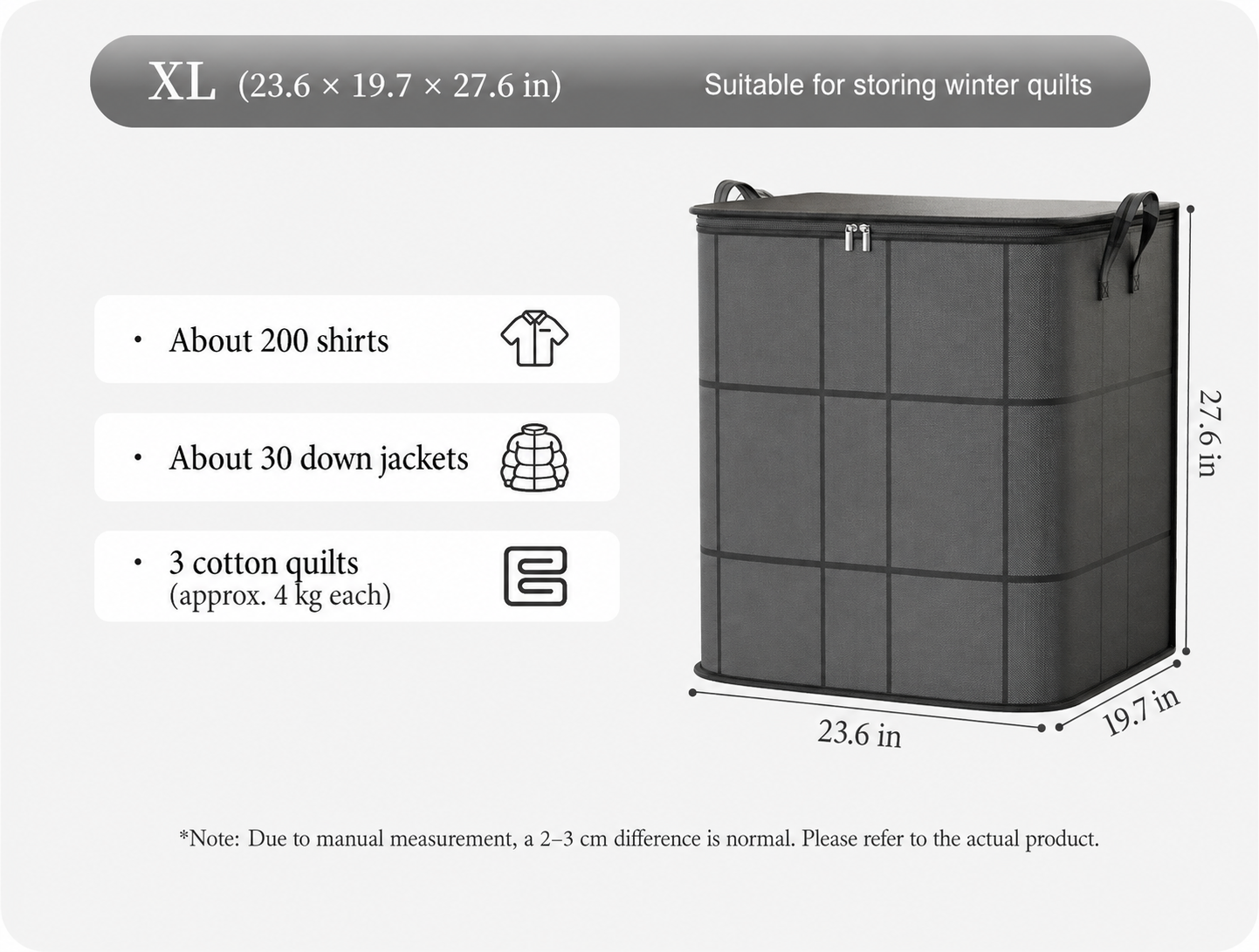 Large Storage Bin with Zipper — Foldable Moving Bag for Blankets, Bedding & Clothes，Large capacity 180L：23.62"× 19.69" × 27.56"