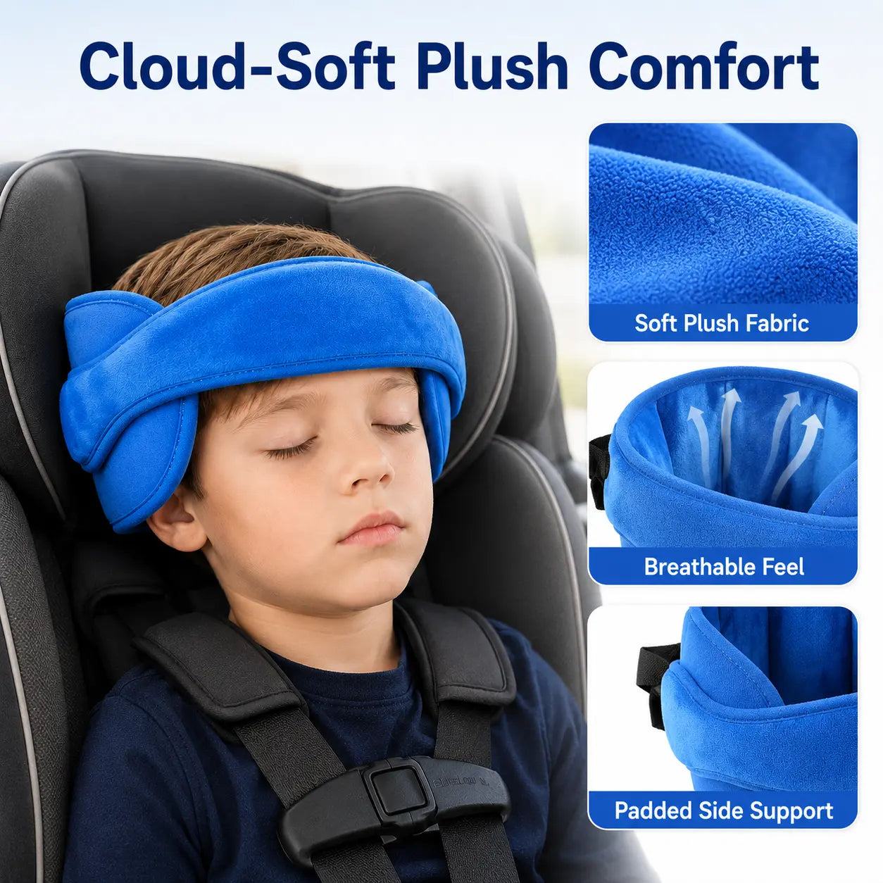 Kids Car Seat Head Support Strap, Soft Plush Adjustable Nap Support Band with Padded Side Cushions, Portable Travel Headrest Accessory for Toddlers and Children, Blue Pink Gray