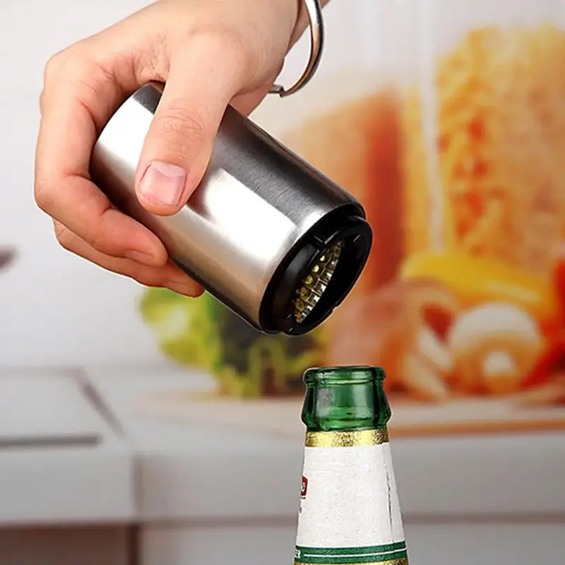 Automatic Push-Down Bottle Opener — Stainless Steel Beer Cap Remover for Home, Camping & Travel