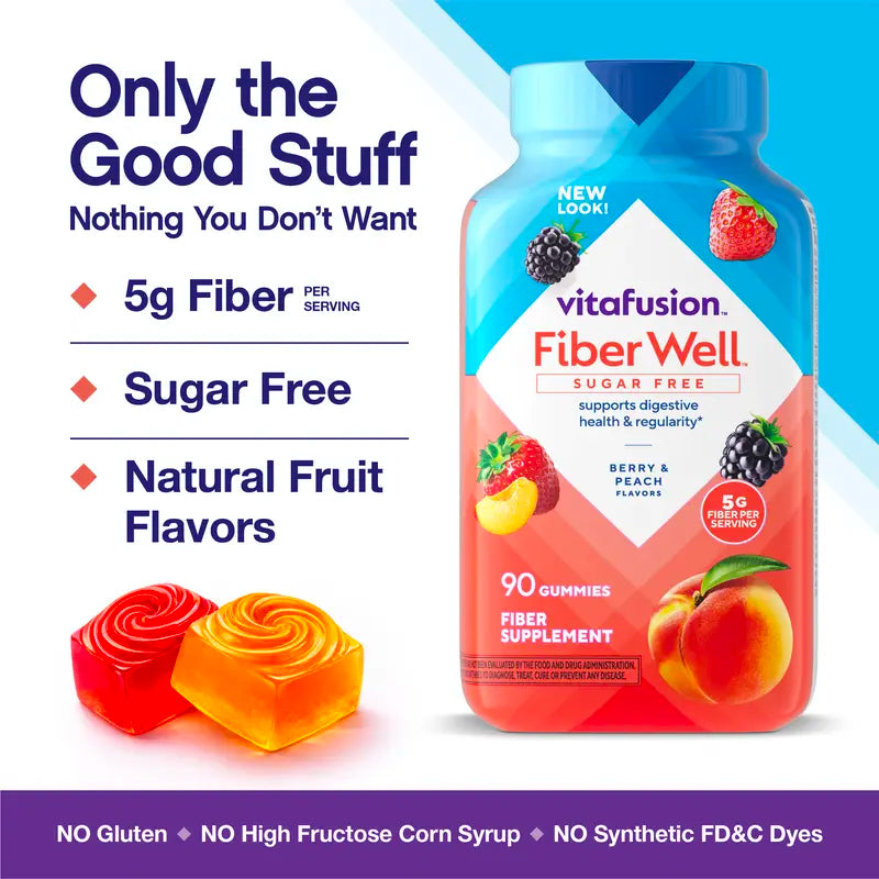 Vitafusion Fiber Well Sugar Free Fiber Gummies, Berry & Peach, 90 Count