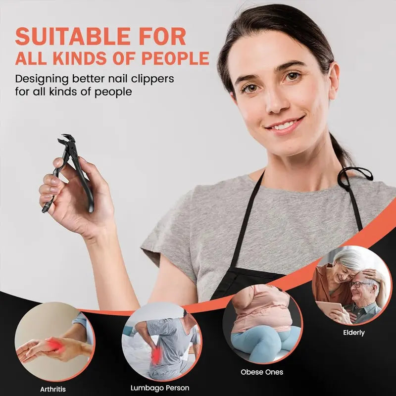 Long Handle Toenail Clipper — Ergonomic Stainless Steel, Wide Mouth for Thick Hard Nails, Anti-Splash, Non-Slip Grip