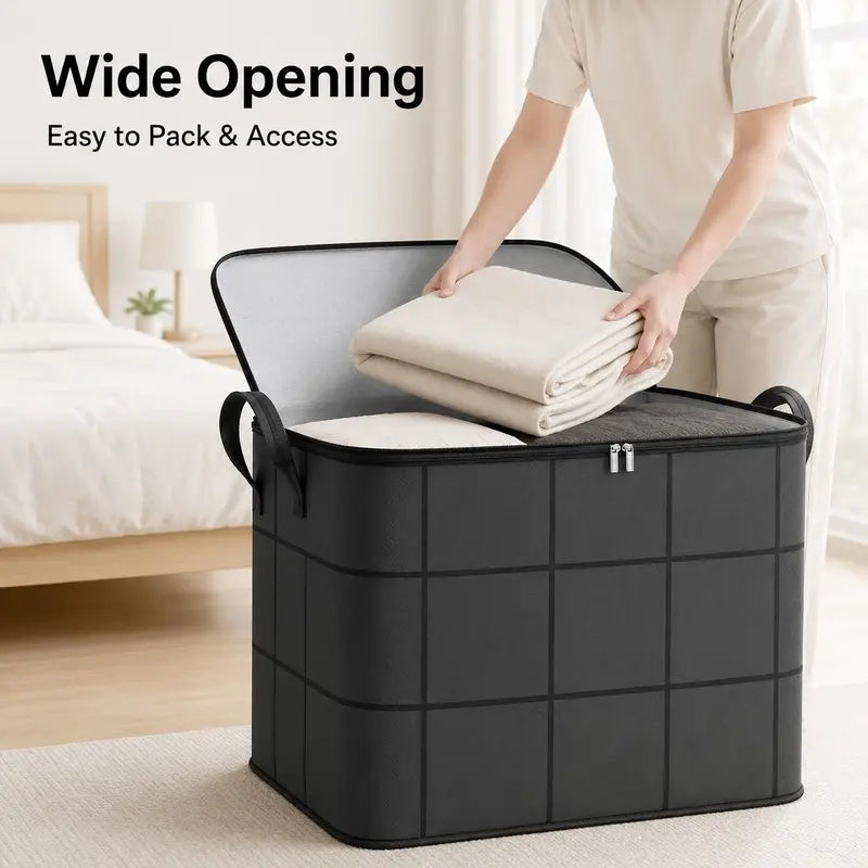 Man loading large black storage bin into SUV trunk during moving day
