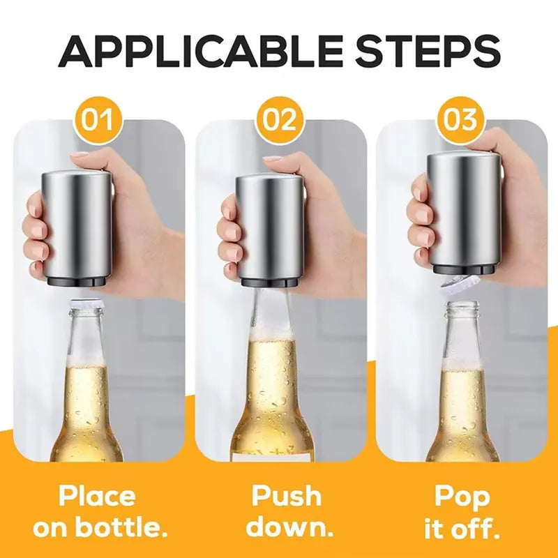 Automatic Push-Down Bottle Opener — Stainless Steel Beer Cap Remover for Home, Camping & Travel