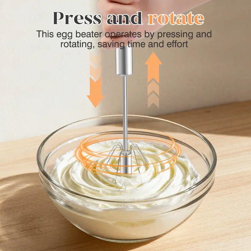 Semi-Automatic Stainless Steel Hand-Push Rotary Whisk – Food-Grade Rust-Resistant, Sturdy Riveted Construction | Eggs, Coffee, Cream & Batter | Easy to Clean | 1pc / 2pcs / 4pcs