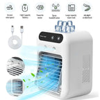 BougeRV portable air cooler product shot with USB-C cable and ice cubes on top — feature icons: 2 wind speeds, battery, motor, spray, water tank, ultralight noise