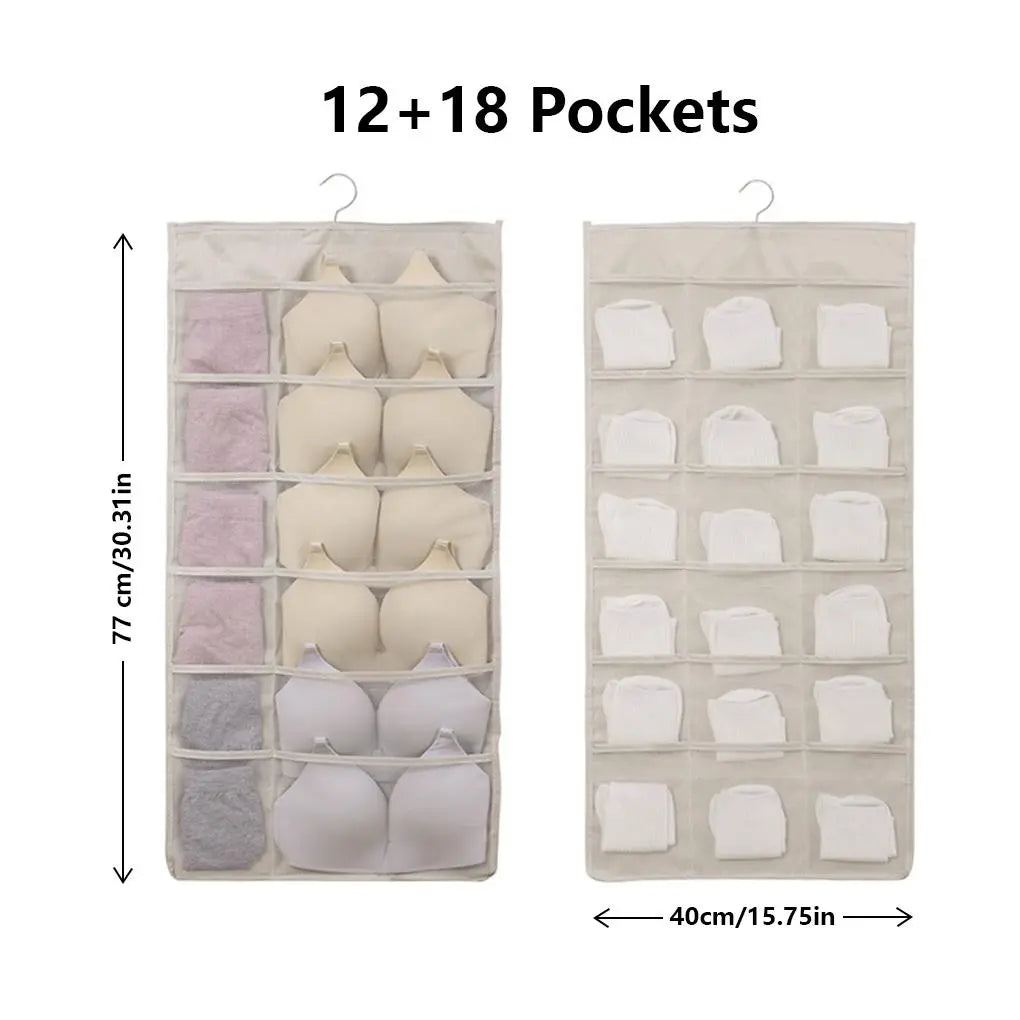 Bra and Underwear Closet Hanging Organizer with 12+18 Pockets Beige Dual Sided Wall Shelf Wardrobe Storage Bags for Bra Socks Underwear Underpants Lightweight & Durable Mesh Pockets
