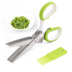 Herb Scissors - 5 Blade Kitchen Herb Shears with Safety Cover & Cleaning Comb (Green)