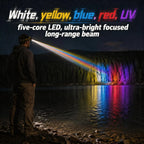 Five-color headlamp,1000m throw,5 nights in 1 charge. Red, white, yellow, blue, purple. Repels bugs, lights floats,Counterfeit detection. Twist to zoom, motion sensor, stepless dimming,120° tilt.Strobe mode. Night fishing, repairs,hiking, camping,mining