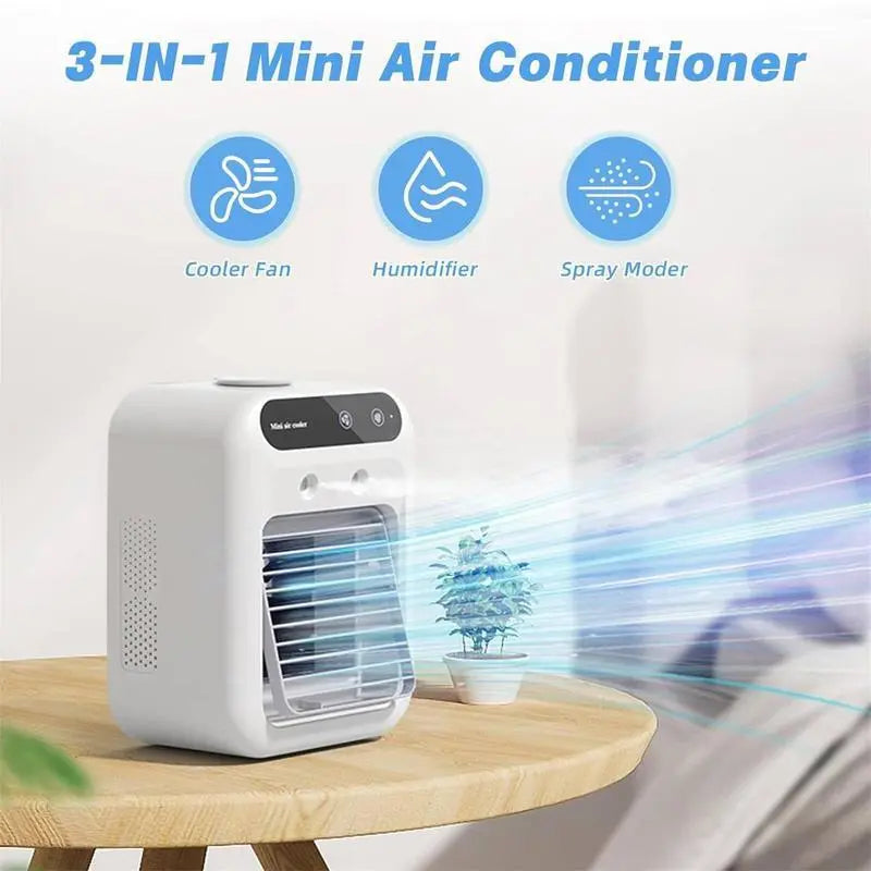 Mini humidifying cooling fan showing 2 wind speeds and 2 humidifier modes — weak wind for sleep, strong wind for cooling